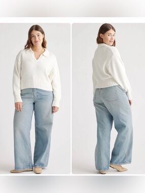 Quince 100% Organic Cotton Cropped Polo Sweater Ivory White Size Medium